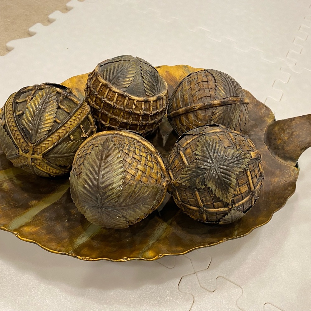 Decorative Brown and Gold Accent Balls on Leaf Tray - Picture 2 of 3